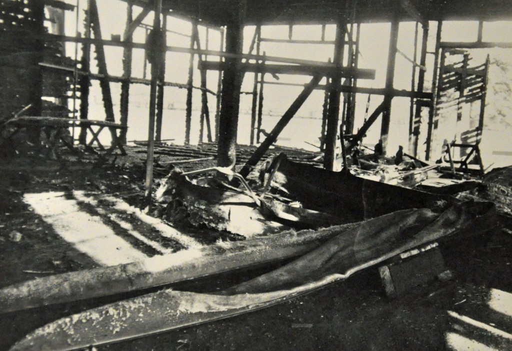 Hamar Roklub Båthuset innvendig etter brannen i 1980